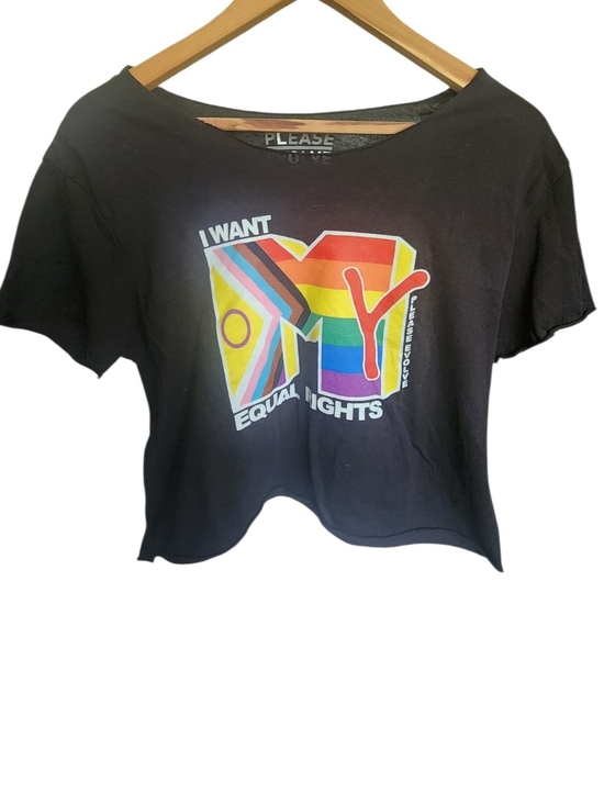 Please Evolve Tops - MTV Vintage Style 'I Want My Equal Rights' Rainbow Off Shoulder Crop Top S